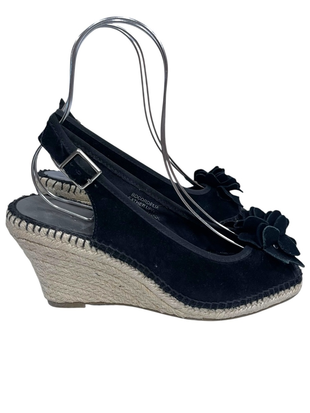 Bandolino Black Suede Espadrille Wedges with Floral Accent 8 - Picture 4 of 10